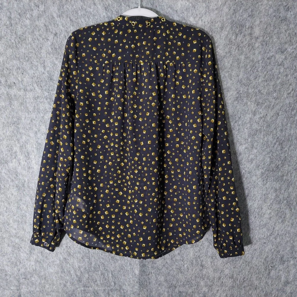 Michael‎ Kors Blouse Women M Black Gold Stud Print Grommet Neck Button Front Top
